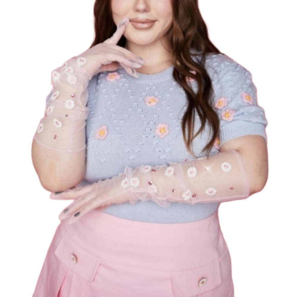 PTLHZ Sheer Daisy Rhinestone Gloves